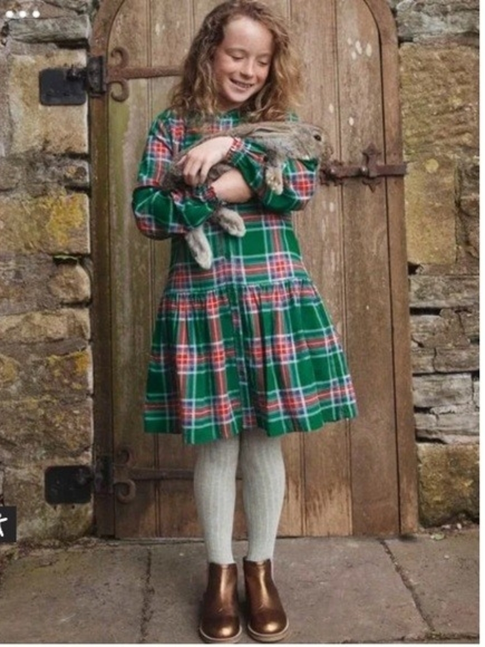 Mini Boden Green and Red Plaid Long-Sleeve Dress